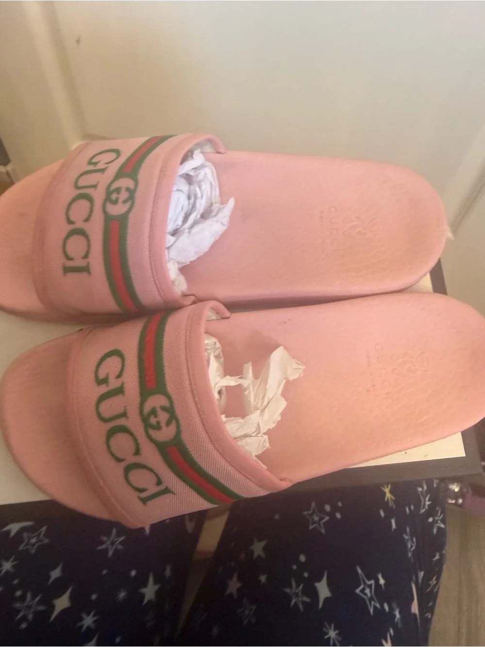 Gucci Pink Logo Slide Sandals with Green-Red Web Stripe